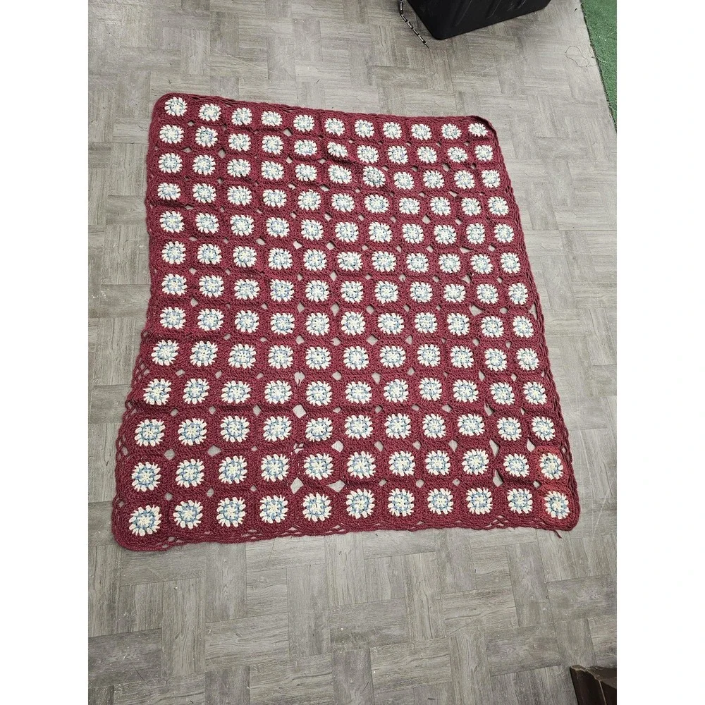 Handmade Crochet Granny Square Throw Blanket Afghan 63x75 Red Retro Boho‎ Decor